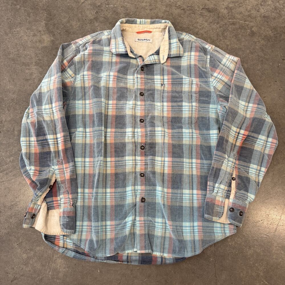 Vintage Y2K Tommy Bahama Soft Muted Plaid Blue Red Longsleeve Flannel L